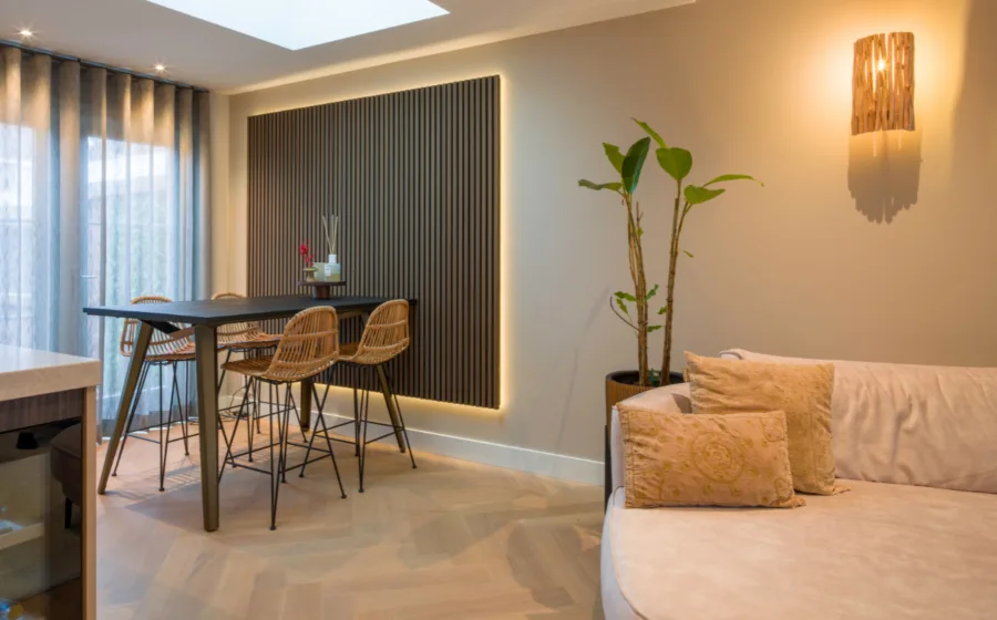 Woonkamer met walnoot Blend® wandpanelen en verlichting