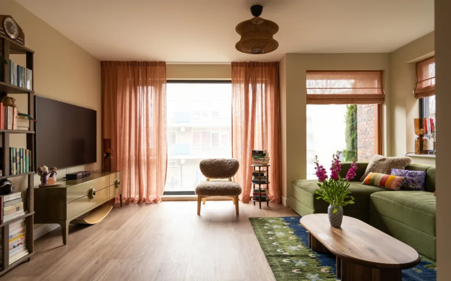 Houtlook pvc-vloer in kleurrijke woonkamer met roze inbetweengordijnen