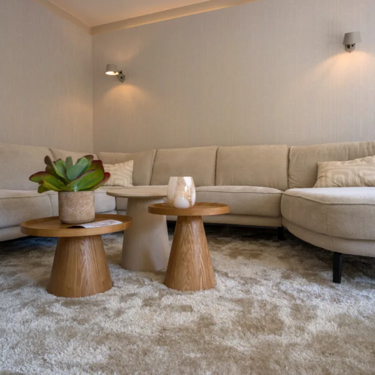 Hoogpollig, fluffy, beige vloerkleed in de woonkamer